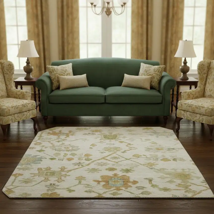 8' Ivory Gold And Blue Floral Washable Round Rug With UV Protection Photo 2