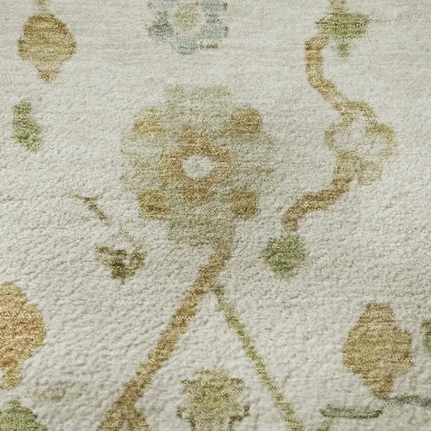 8' Ivory Gold And Blue Floral Washable Round Rug With UV Protection Photo 9