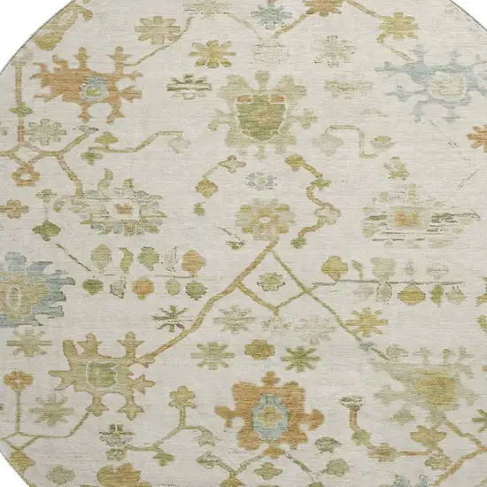 8' Ivory Gold And Blue Floral Washable Round Rug With UV Protection Photo 3
