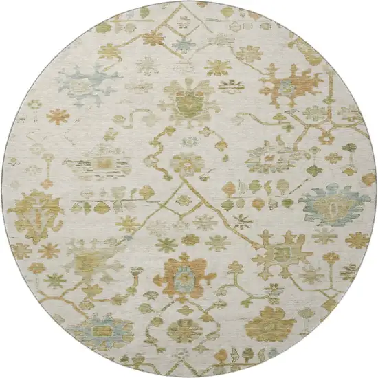 8' Ivory Gold And Blue Floral Washable Round Rug With UV Protection Photo 4