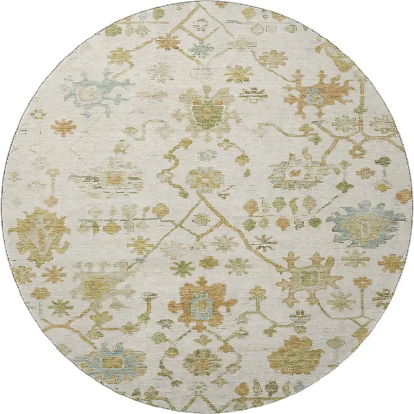 8' Ivory Gold And Blue Floral Washable Round Rug With UV Protection Photo 4