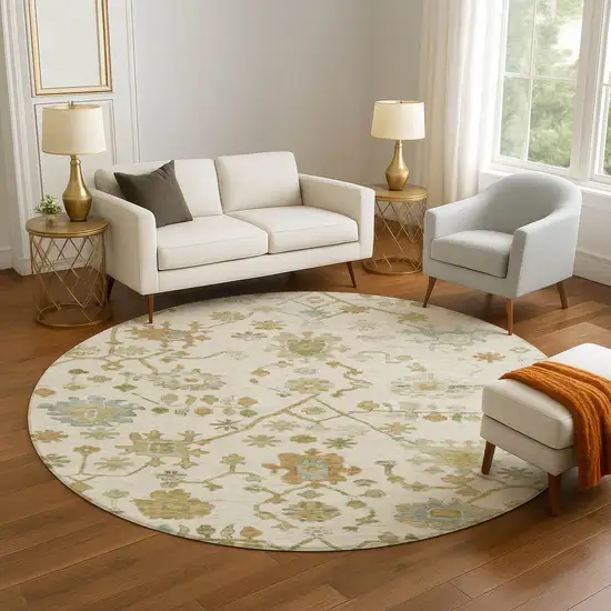8' Ivory Gold And Blue Floral Washable Round Rug With UV Protection Photo 5