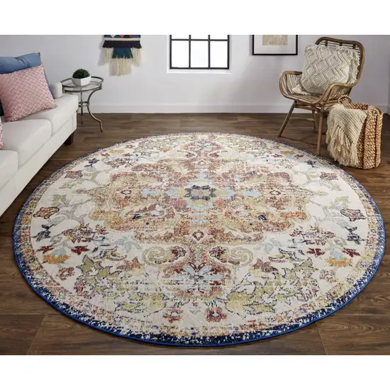 8' Ivory Gold And Blue Round Floral Stain Resistant Area Rug Photo 3
