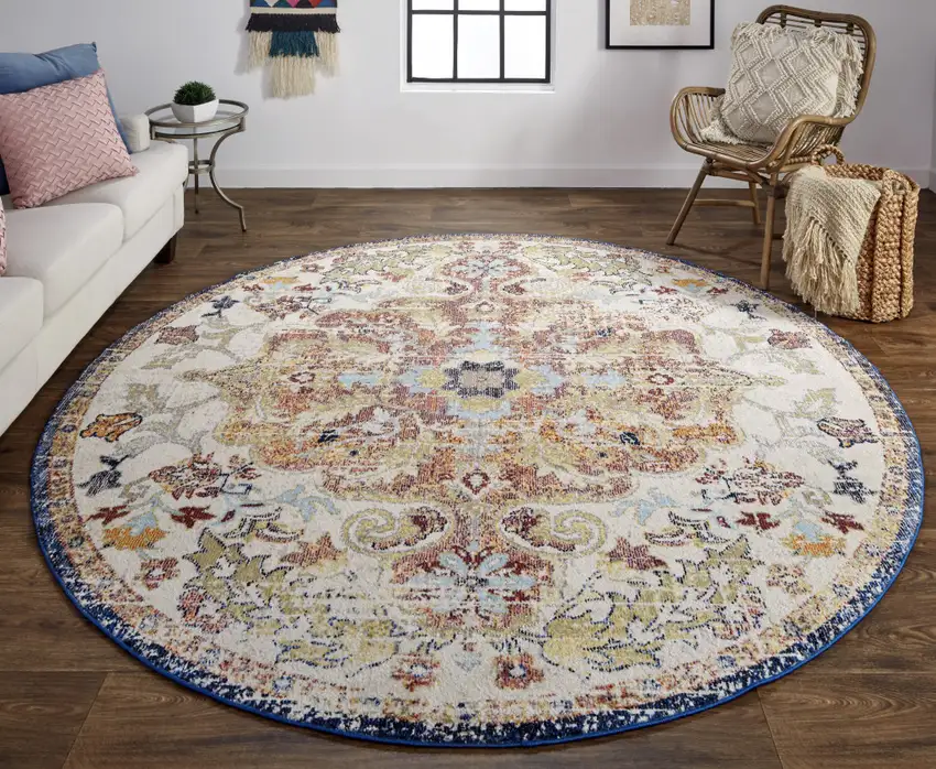 8' Ivory Gold And Blue Round Floral Stain Resistant Area Rug Photo 3