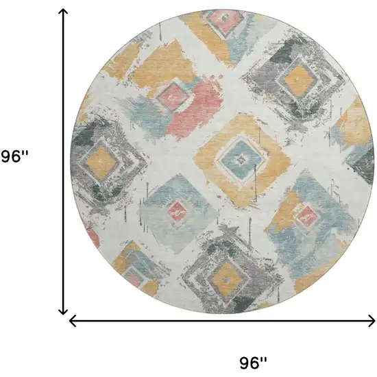 8' Ivory Gold And Blush Abstract Geometric Washable Round Rug With UV Protection Photo 9