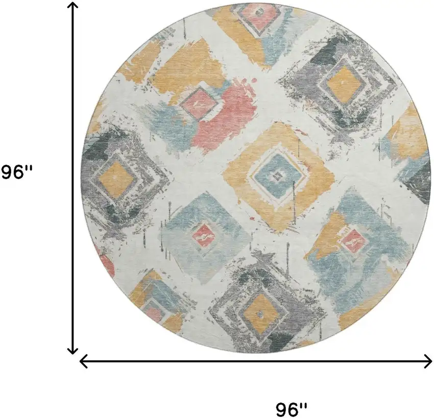 8' Ivory Gold And Blush Abstract Geometric Washable Round Rug With UV Protection Photo 9