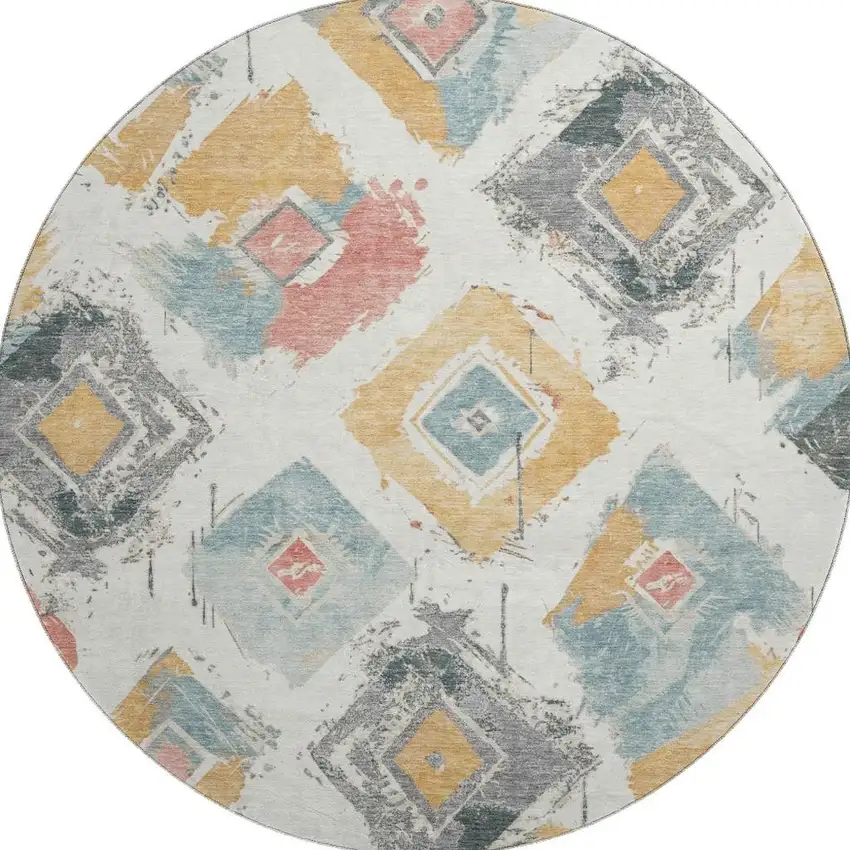 8' Ivory Gold And Blush Abstract Geometric Washable Round Rug With UV Protection Photo 3