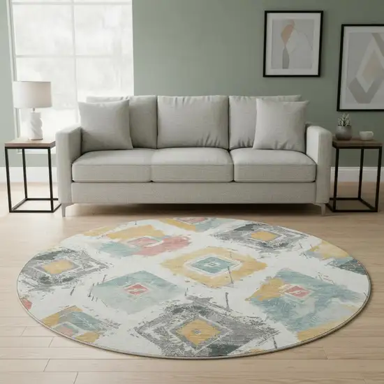 8' Ivory Gold And Blush Abstract Geometric Washable Round Rug With UV Protection Photo 2