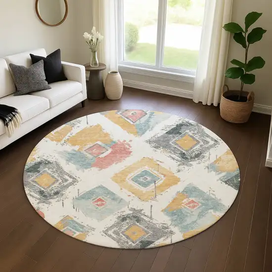 8' Ivory Gold And Blush Abstract Geometric Washable Round Rug With UV Protection Photo 4