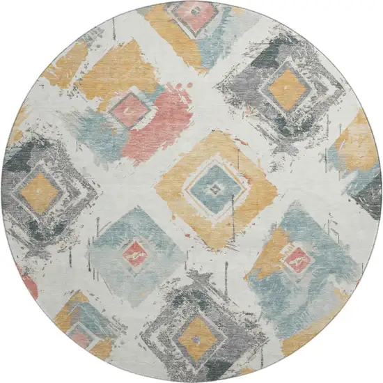 8' Ivory Gold And Blush Abstract Geometric Washable Round Rug With UV Protection Photo 1
