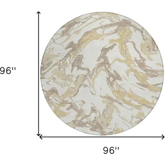 8' Ivory Gold And Brown Round Abstract Washable Indoor Outdoor Area Rug Photo 3