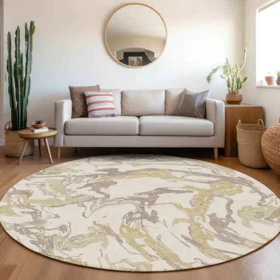 8' Ivory Gold And Brown Round Abstract Washable Indoor Outdoor Area Rug Photo 8