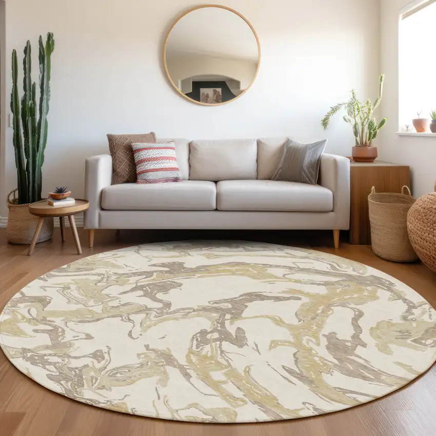 8' Ivory Gold And Brown Round Abstract Washable Indoor Outdoor Area Rug Photo 8