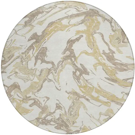 8' Ivory Gold And Brown Round Abstract Washable Indoor Outdoor Area Rug Photo 2