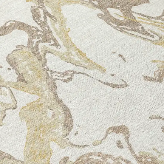 8' Ivory Gold And Brown Round Abstract Washable Indoor Outdoor Area Rug Photo 5