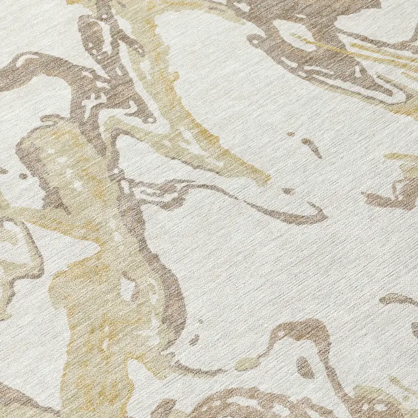 8' Ivory Gold And Brown Round Abstract Washable Indoor Outdoor Area Rug Photo 5