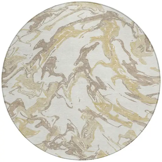 8' Ivory Gold And Brown Round Abstract Washable Indoor Outdoor Area Rug Photo 6