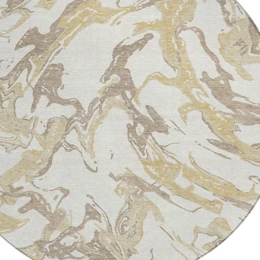 8' Ivory Gold And Brown Round Abstract Washable Indoor Outdoor Area Rug Photo 4