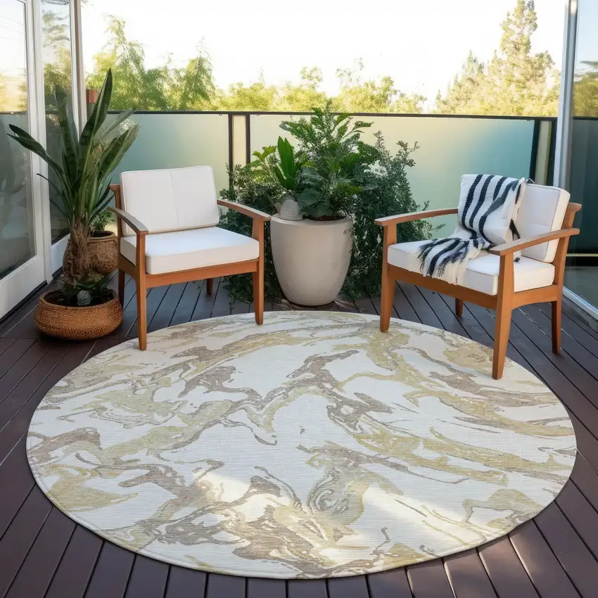 8' Ivory Gold And Brown Round Abstract Washable Indoor Outdoor Area Rug Photo 7