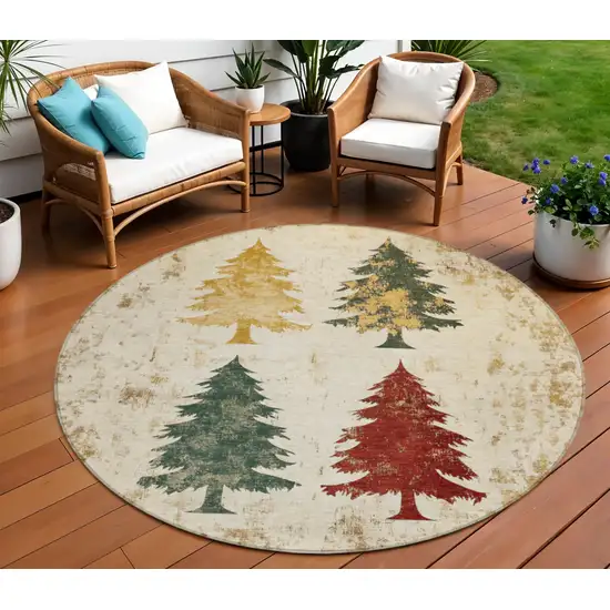 8' Ivory Gold And Burgundy Round Botanical Leaves Washable Indoor Outdoor Area Rug Photo 2