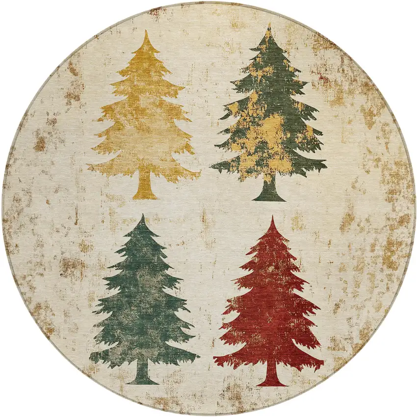 8' Ivory Gold And Burgundy Round Botanical Leaves Washable Indoor Outdoor Area Rug Photo 1