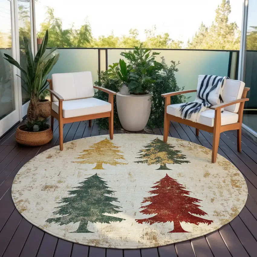 8' Ivory Gold And Burgundy Round Botanical Leaves Washable Indoor Outdoor Area Rug Photo 5