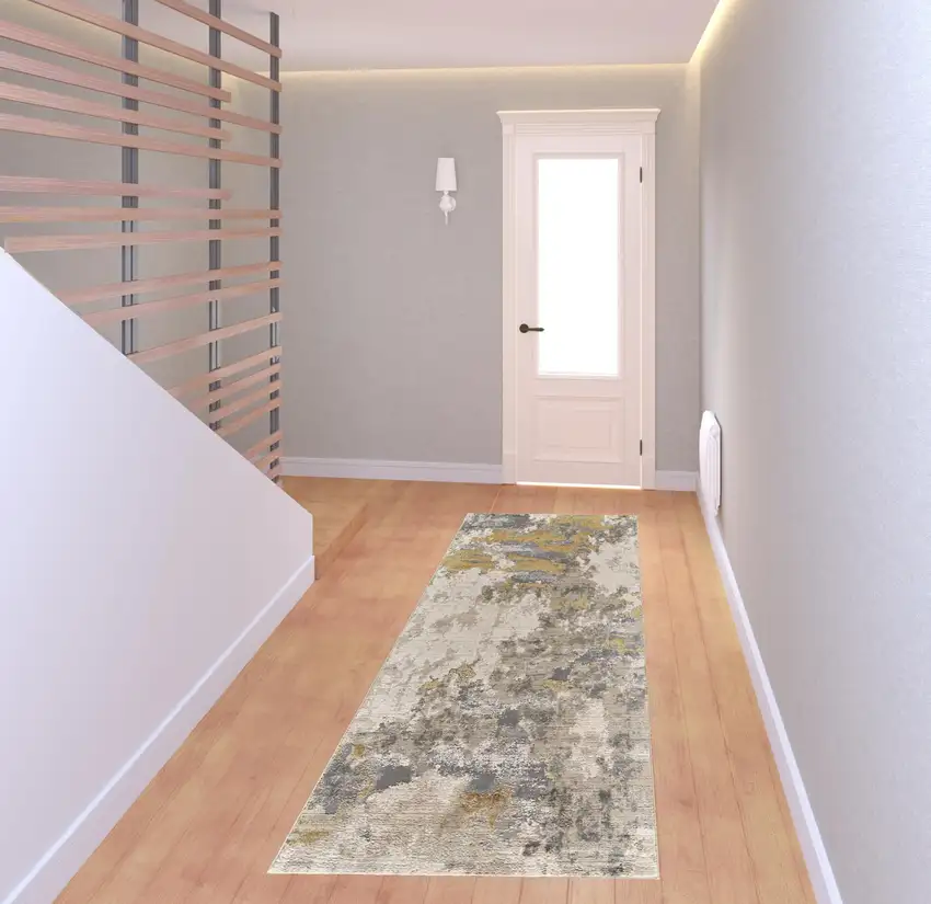 8' Ivory Gold And Gray Abstract Stain Resistant Runner Rug Photo 2