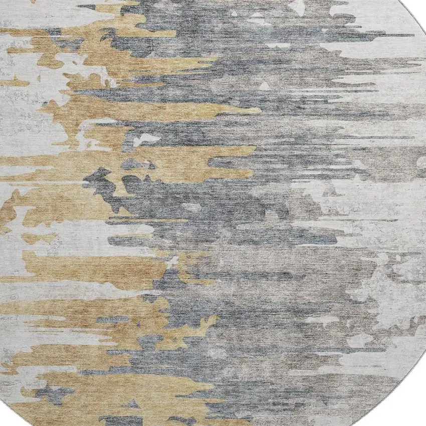 8' Ivory Gold And Gray Abstract Washable Round Rug With UV Protection Photo 3