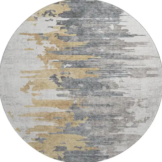 8' Ivory Gold And Gray Abstract Washable Round Rug With UV Protection Photo 4