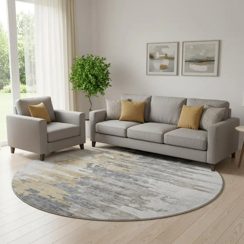 8' Ivory Gold And Gray Abstract Washable Round Rug With UV Protection Photo 1