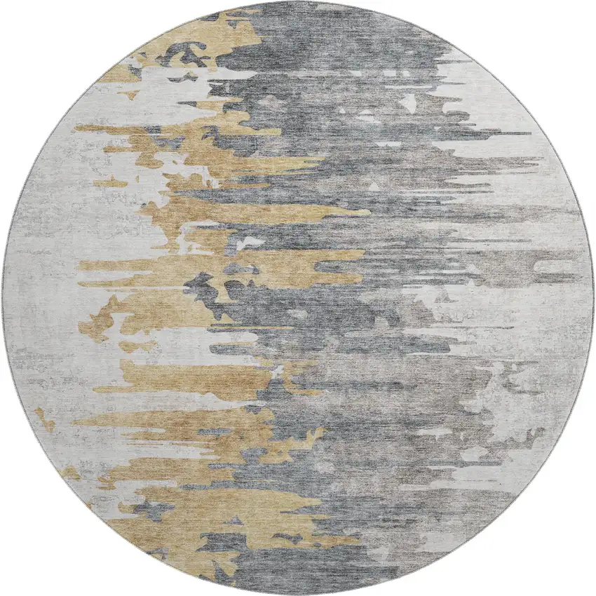 8' Ivory Gold And Gray Abstract Washable Round Rug With UV Protection Photo 1
