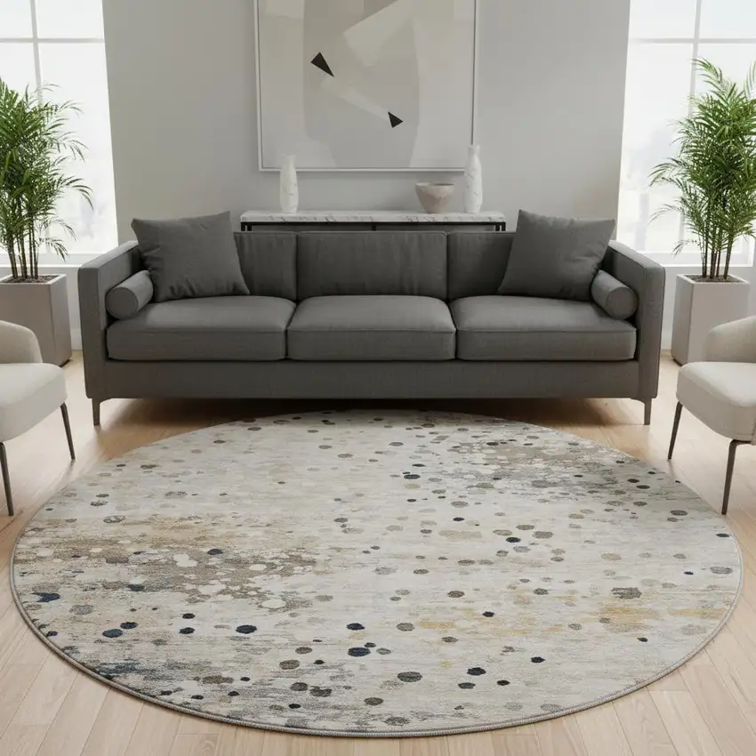 8' Ivory Gold And Gray Abstract Washable Round Rug With UV Protection Photo 2