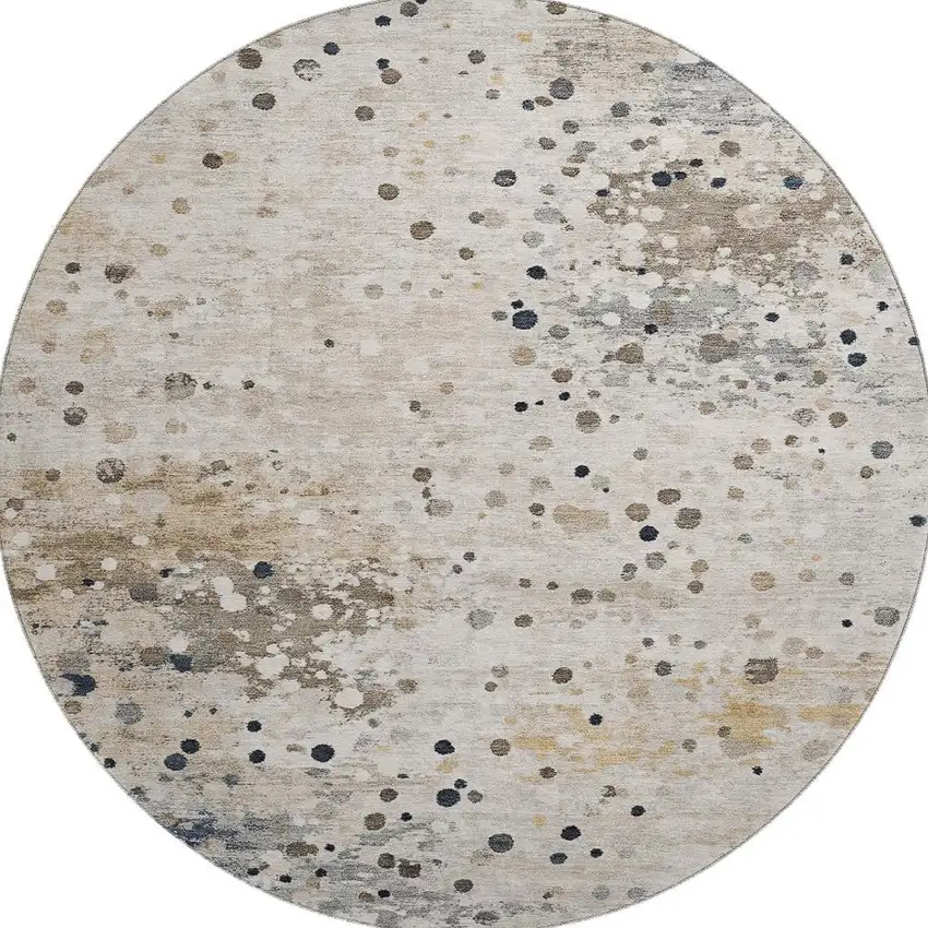 8' Ivory Gold And Gray Abstract Washable Round Rug With UV Protection Photo 4