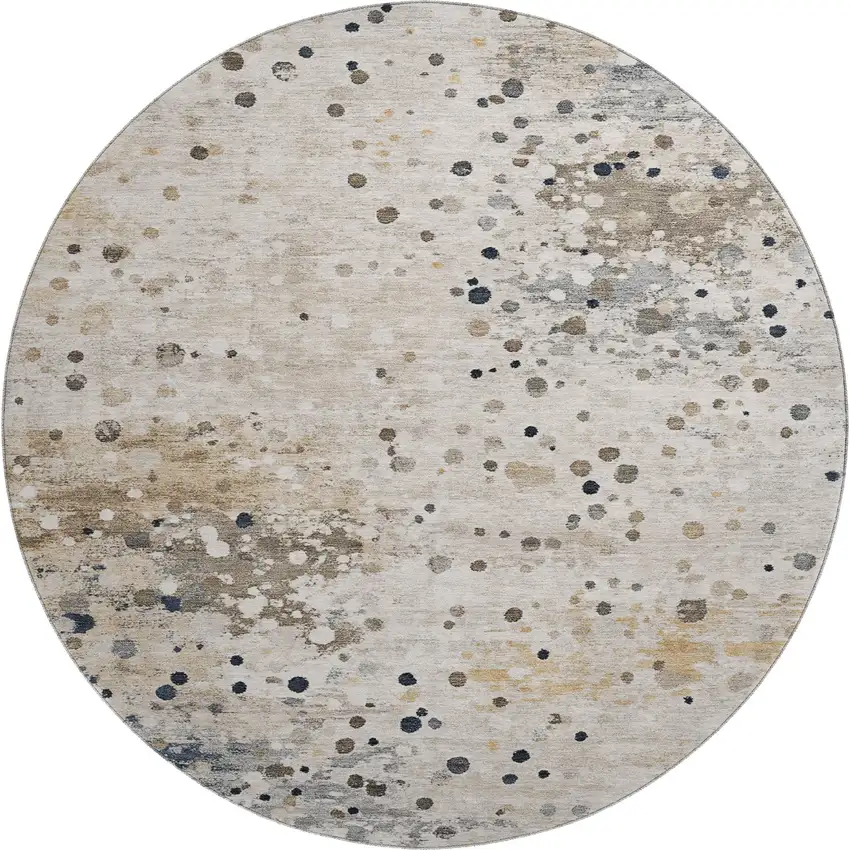 8' Ivory Gold And Gray Abstract Washable Round Rug With UV Protection Photo 1