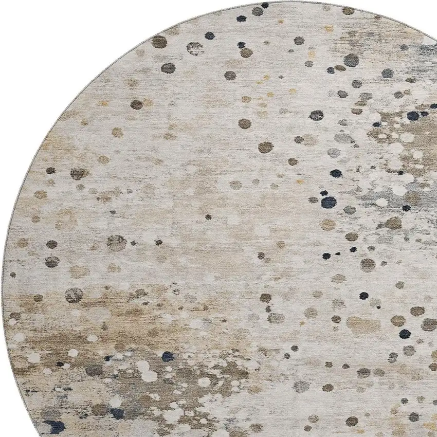 8' Ivory Gold And Gray Abstract Washable Round Rug With UV Protection Photo 3