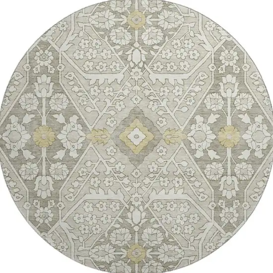 8' Ivory Gold And Gray Floral Washable Round Rug With UV Protection Photo 5