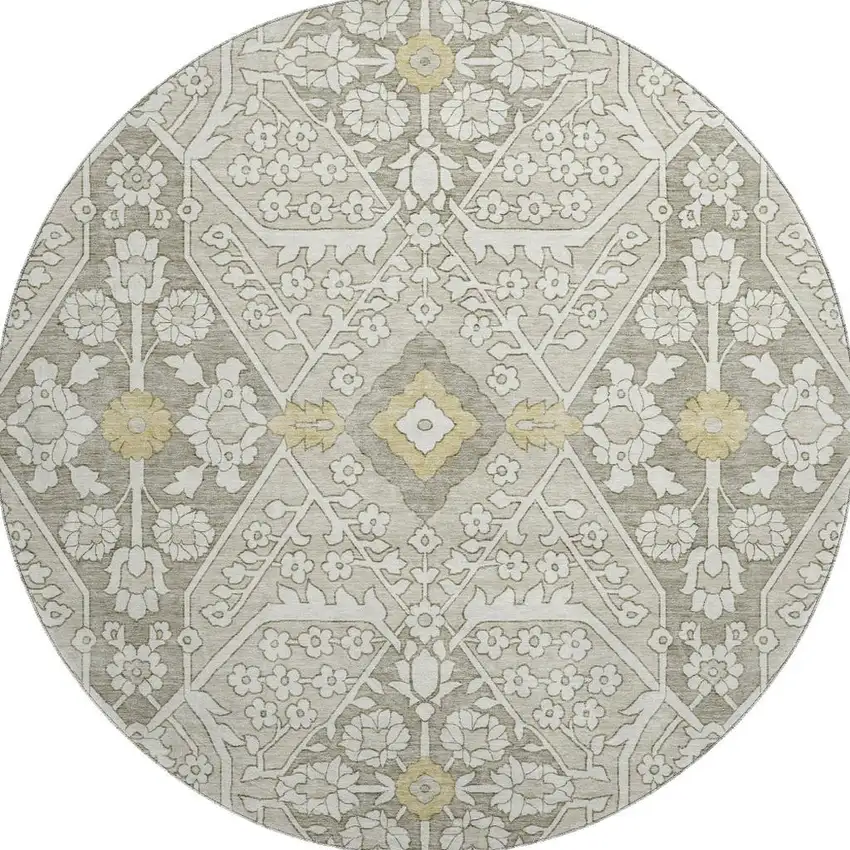 8' Ivory Gold And Gray Floral Washable Round Rug With UV Protection Photo 5