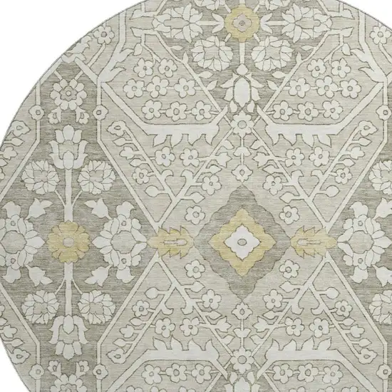 8' Ivory Gold And Gray Floral Washable Round Rug With UV Protection Photo 4