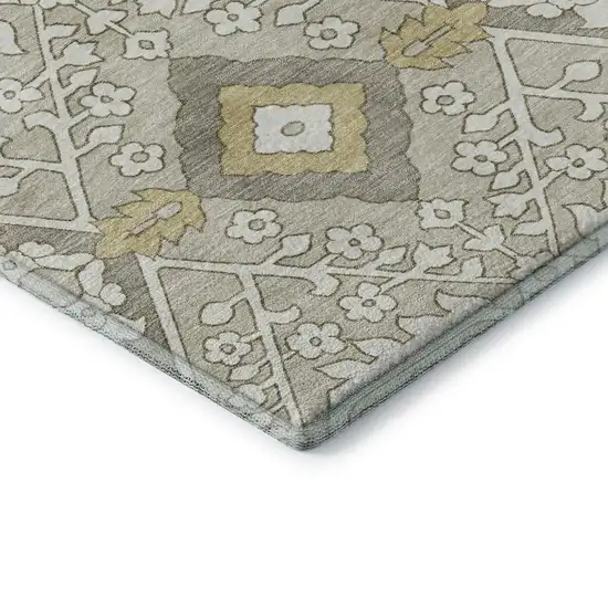 8' Ivory Gold And Gray Floral Washable Round Rug With UV Protection Photo 8