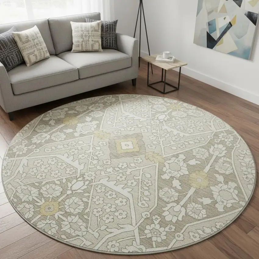 8' Ivory Gold And Gray Floral Washable Round Rug With UV Protection Photo 1