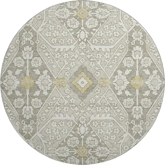 8' Ivory Gold And Gray Floral Washable Round Rug With UV Protection Photo 2