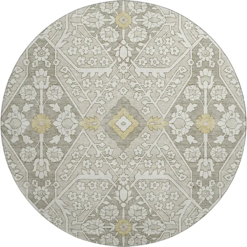 8' Ivory Gold And Gray Floral Washable Round Rug With UV Protection Photo 2