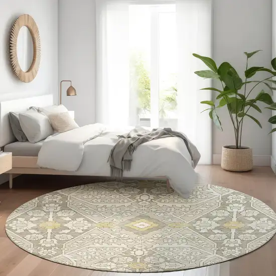 8' Ivory Gold And Gray Floral Washable Round Rug With UV Protection Photo 6