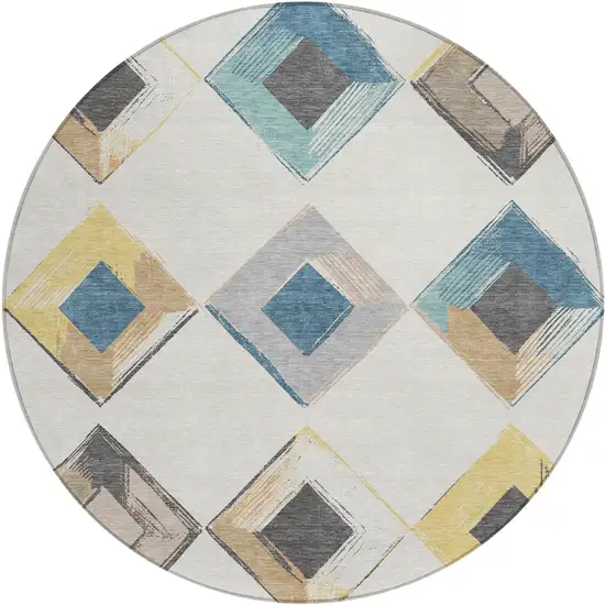 8' Ivory Gold And Gray Round Geometric Washable Indoor Outdoor Area Rug Photo 1