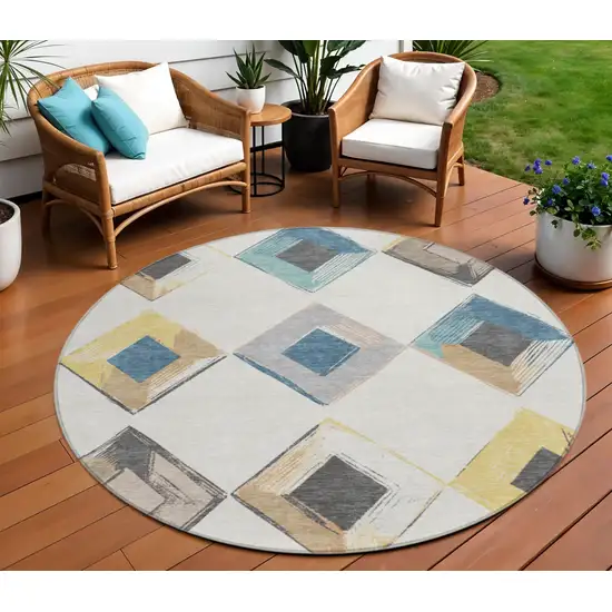 8' Ivory Gold And Gray Round Geometric Washable Indoor Outdoor Area Rug Photo 2