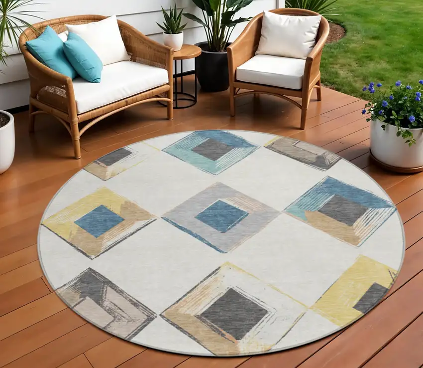 8' Ivory Gold And Gray Round Geometric Washable Indoor Outdoor Area Rug Photo 2