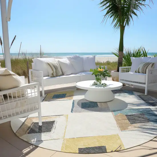 8' Ivory Gold And Gray Round Geometric Washable Indoor Outdoor Area Rug Photo 7