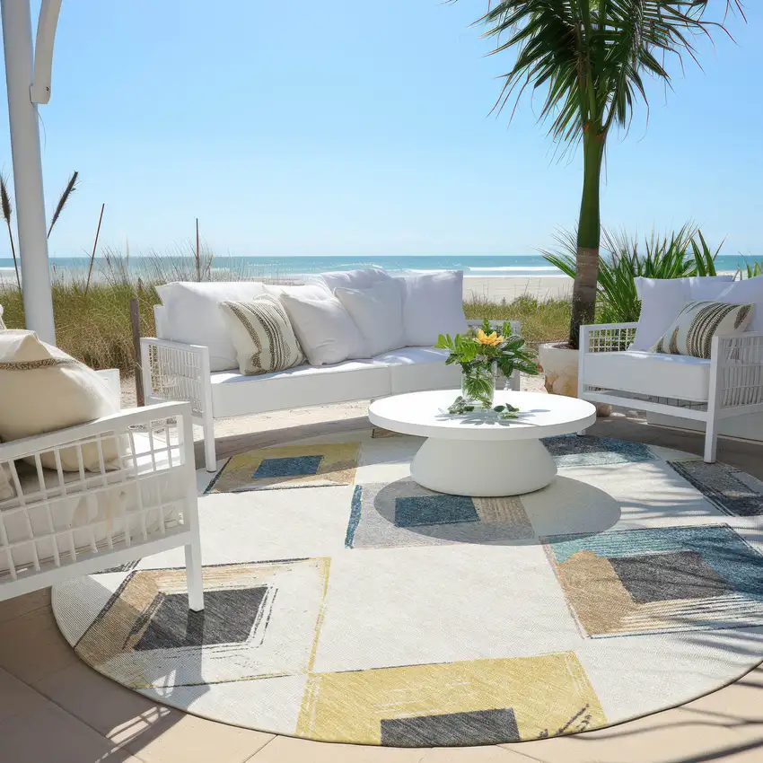 8' Ivory Gold And Gray Round Geometric Washable Indoor Outdoor Area Rug Photo 7