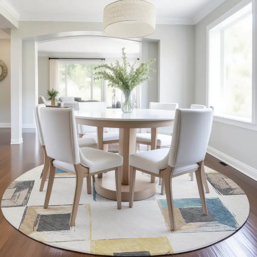 8' Ivory Gold And Gray Round Geometric Washable Indoor Outdoor Area Rug Photo 8