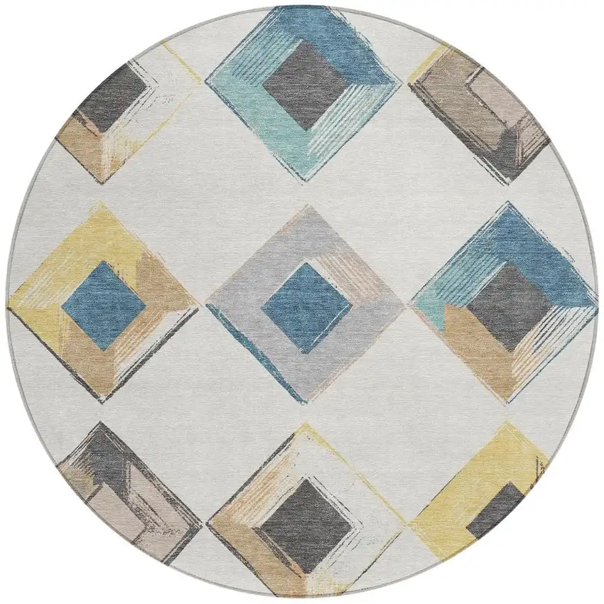 8' Ivory Gold And Gray Round Geometric Washable Indoor Outdoor Area Rug Photo 3